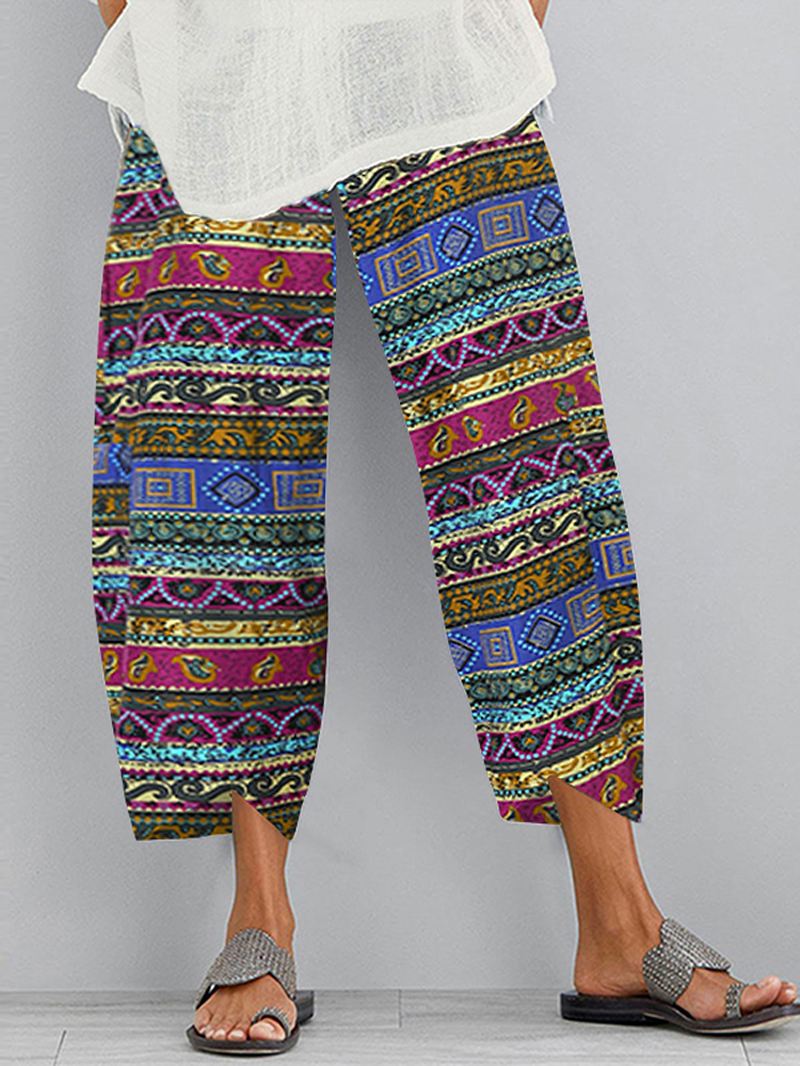 Retro Blomsterprint Elastik Talje Uregelmæssig Hem Pocket Casual Bukser Til Kvinder