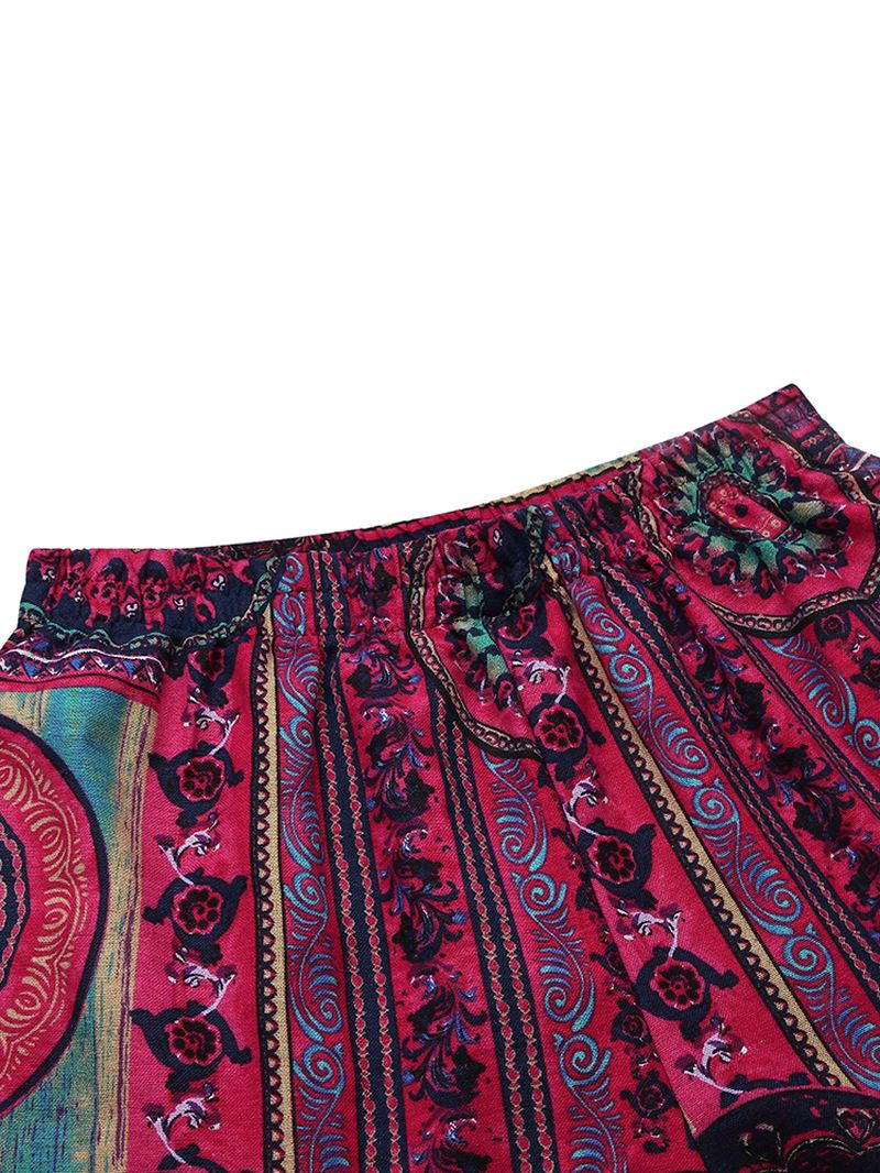 Retro Kvinder Blomsterprint Elastik Talje Uregelmæssig Hem Pocket Bukser