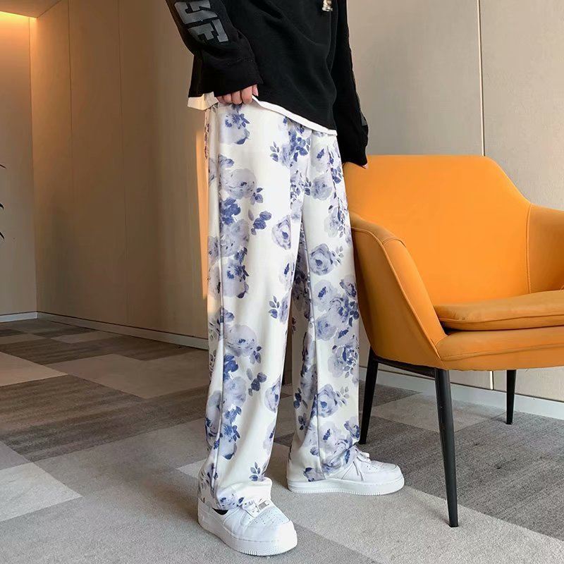 Tie-dyed Floral Wide-leg Bukser Mænd Løs Og Afslappet Mopping Gulvet