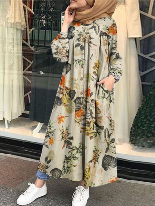 Blomsterbladtrykt Knap Ned Foran Kaftan Tunika Maxikjole Med Sidelommer