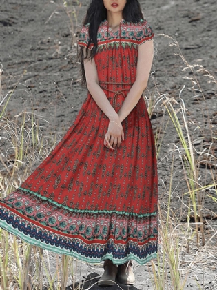 Bohemian Vintage Blomsterprint Lace-up V-hals Kortærmet Holiday Maxi Kjole Til Kvinder