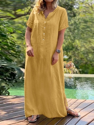 Casual Solid Rund Hals Kortærmet Knap Bohemia Maxi Kjole