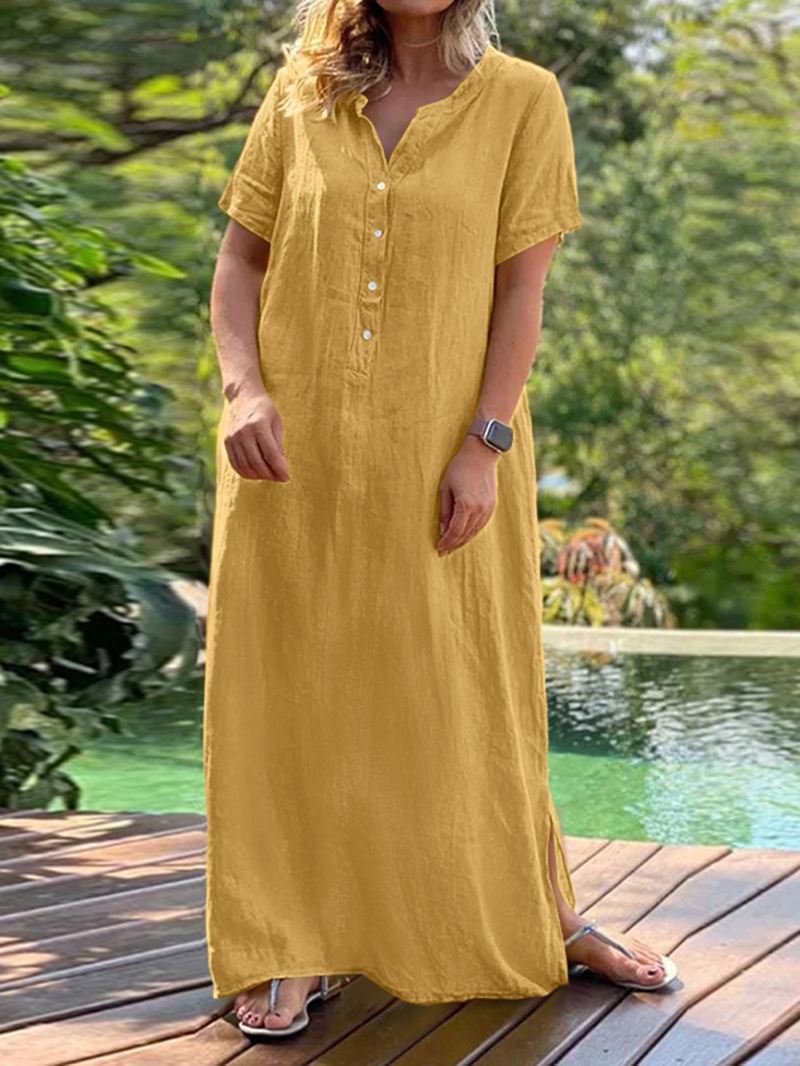 Casual Solid Rund Hals Kortærmet Knap Bohemia Maxi Kjole