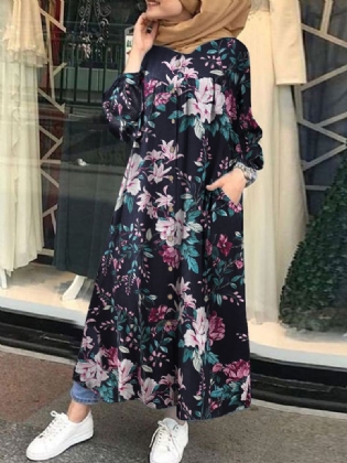 Kvinder 100% Bomuld Blomstertryk Kaftan Maxi-kjoler På Mellemlægslængde Med Sidelomme