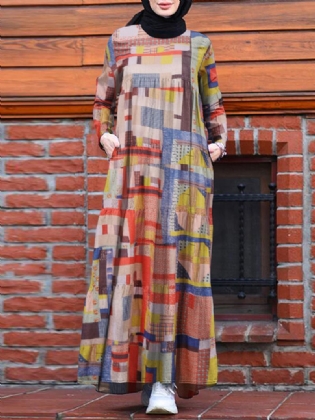 Kvinder Abstrakt Med Tryk Tiered Vintage Robe Langærmede Maxi Kjoler Med Lomme