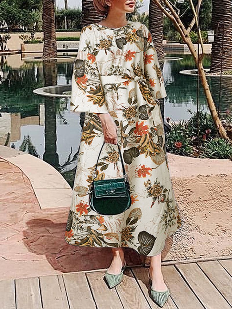 Kvinder Blomsterprint O-hals 3/4 Ærmer Casual Belted Maxi Kjoler