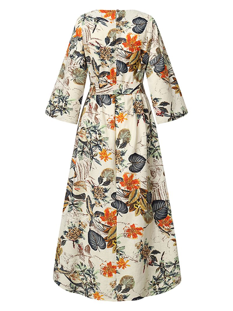 Kvinder Blomsterprint O-hals 3/4 Ærmer Casual Belted Maxi Kjoler