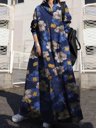 Kvinder Blomsterprintet Vintage Maxi-kjoler I Bomuld Med Sidelommer