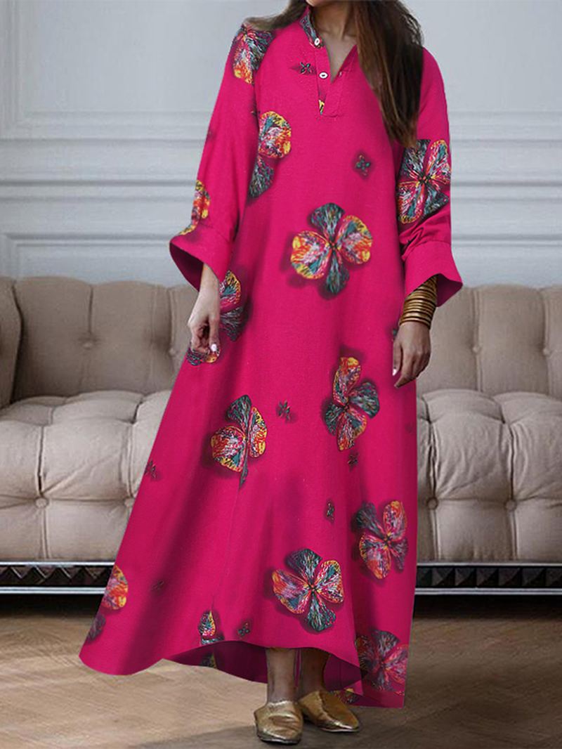 Kvinder Blomstertryk V-hals Langærmet Knap Holiday Casual Maxi Skjortekjole