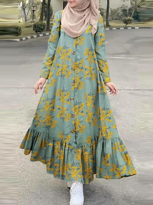 Kvinder Bomuld Blomsterprint Holiday Flæser Hem Button Down Robe Kontrastfarve Maxi Kjole