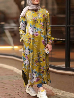 Kvinder Bomuld Blomsterprint Løs Kontrastfarve Robe Kaftan Split Hem Skjortekjole Med Lomme