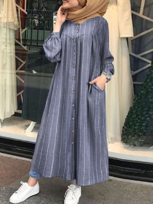 Kvinder Casual Stripe Med Tryk Knap Langærmet Sidelomme Skjorte Maxi Kjole
