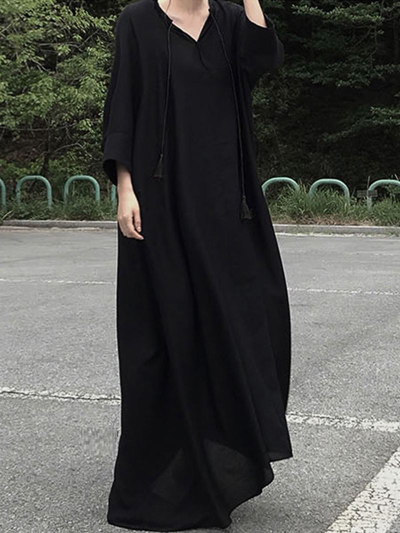 Kvinder Casual V-hals 3/4 Seeve Massiv Bomuld Maxi-kjole
