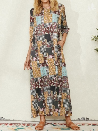 Kvinder Colorblock Floral Plaid Med Tryk Vintage Maxikjole Med Lomme