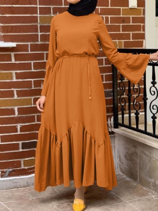 Kvinder Ensfarvet Flæse Langærmet Simple Kaftan Maxi Kjoler