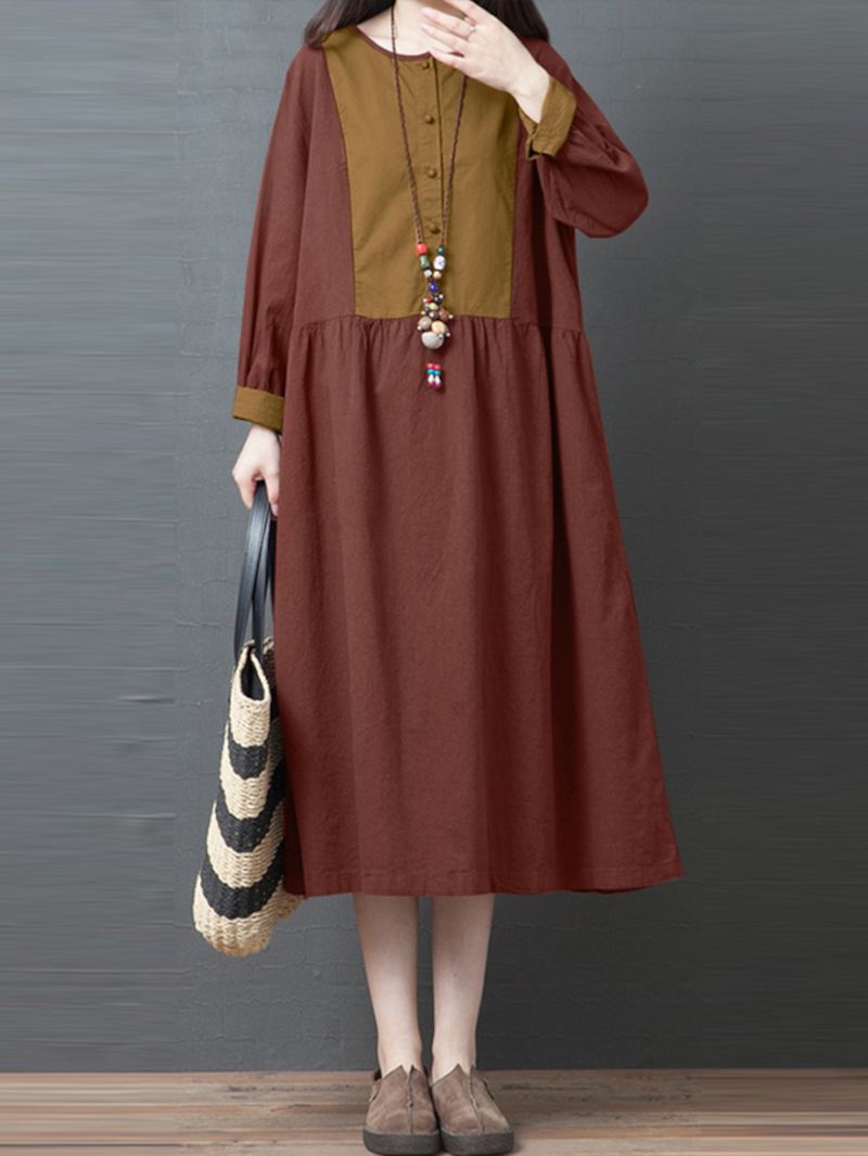 Kvinder Kontrast Patchwork Button Front Casual Langærmet Maxi Shirt Kjoler