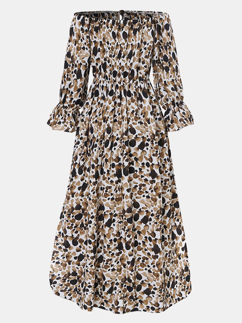 Kvinder Leopard Off Shoulder Lår Split Casual Langærmede Maxikjoler