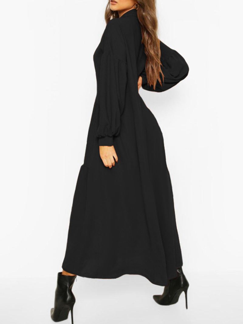 Kvinder Pufærme Massive Plisseringer Lapel Button Maxi Kjoler