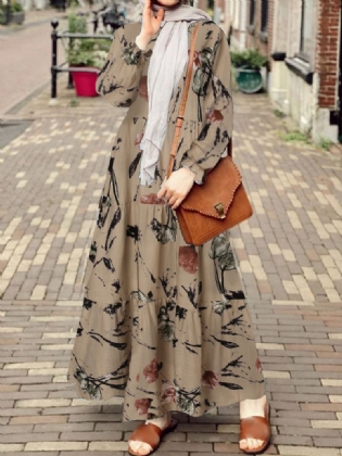 Kvinder Retro Blomstertryk Puff Sleeve O-hals Casual Holiday Maxi Kjole