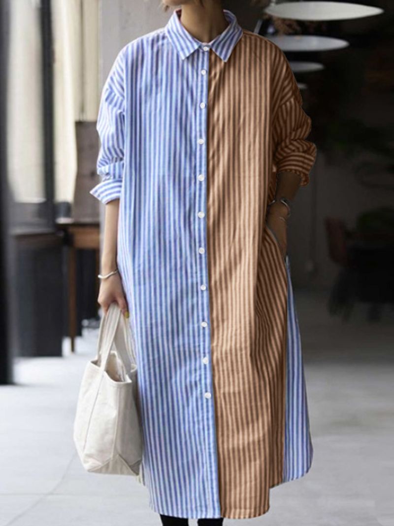 Kvinder Stribet Patchwork Knap Foran Revers Afslappet Kjole Med Lomme