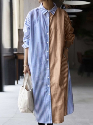 Kvinder Stribet Patchwork Knap Foran Revers Afslappet Kjole Med Lomme