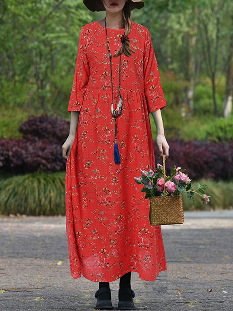 Kvinder Vintage Blomster Med Tryk O-hals 3/4 Ærmer Casual Holiday Maxi Kjole
