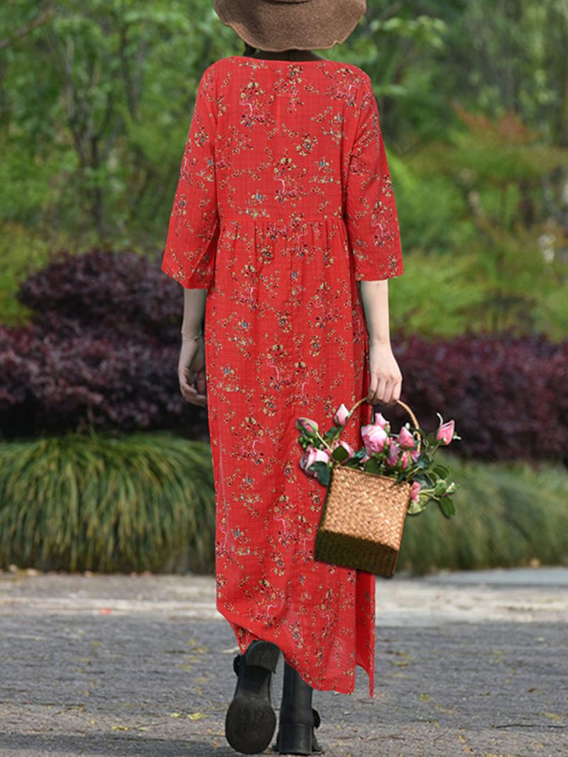 Kvinder Vintage Blomster Med Tryk O-hals 3/4 Ærmer Casual Holiday Maxi Kjole