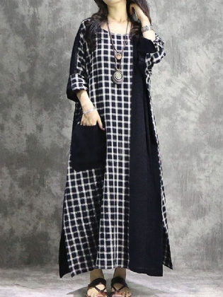 Plaid Patchwork Rund Hals Langærmet Casual Maxi Kjole