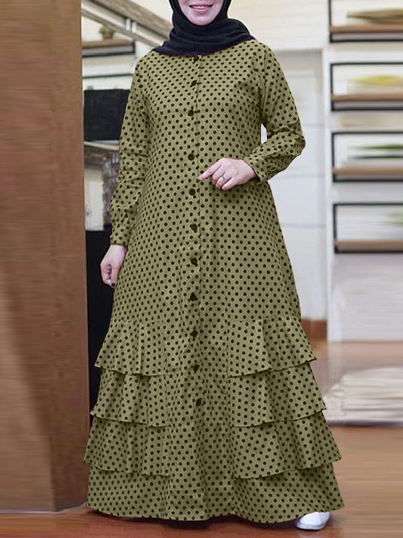 Polka Dot Flæser Trim Button Langærmet Bohemian Shirt Maxikjole Til Kvinder