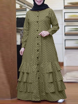 Polka Dot Flæser Trim Button Langærmet Bohemian Shirt Maxikjole Til Kvinder