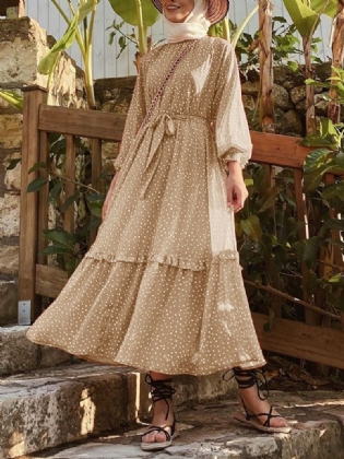 Polka Dot Med Tryk Frill Trim Lace Up Casual Lange Pufærmede Maxikjoler Til Kvinder