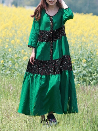 Vintage Med Tryk Patchwork Knap 3/4 Ærmet Maxikjole