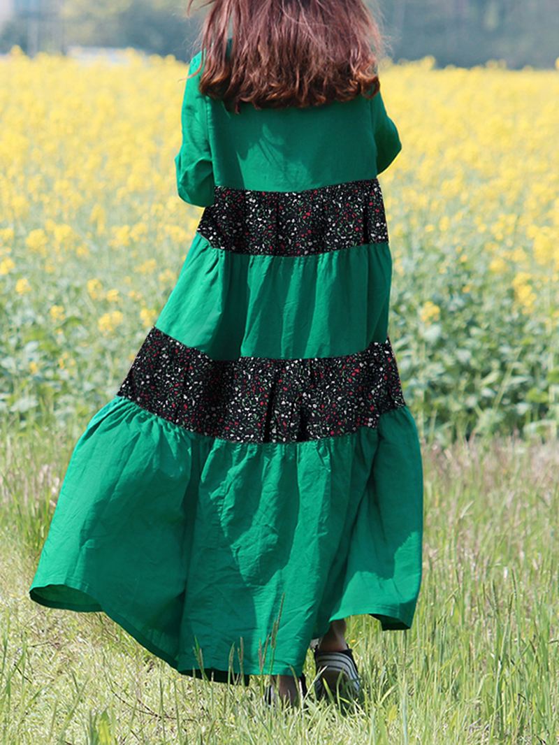 Vintage Med Tryk Patchwork Knap 3/4 Ærmet Maxikjole