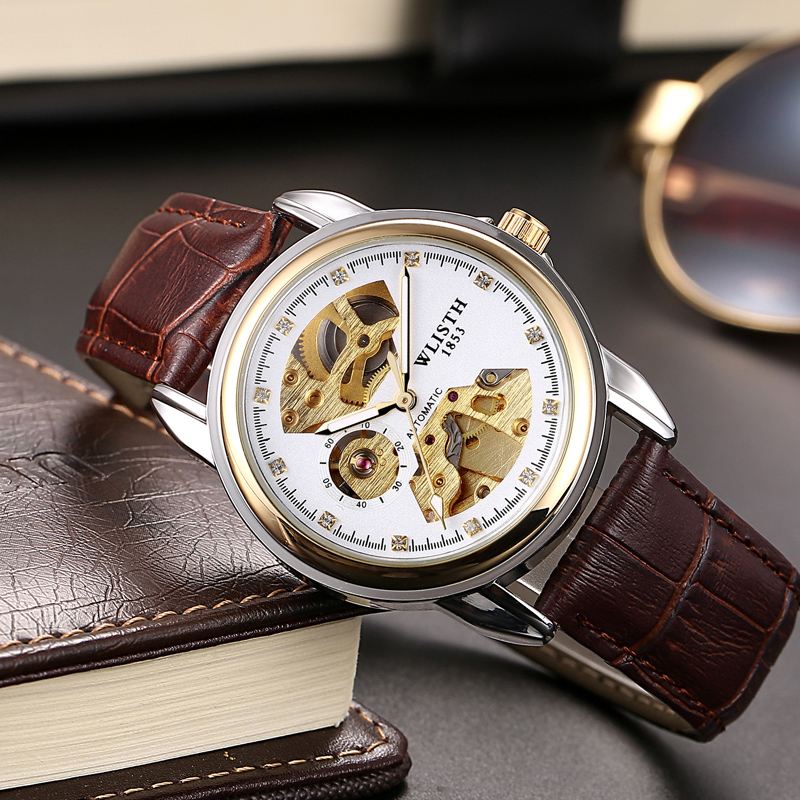 Mode Hollow Dial Luminous Pointer Business Style Herreur Automatisk Mekanisk Ur