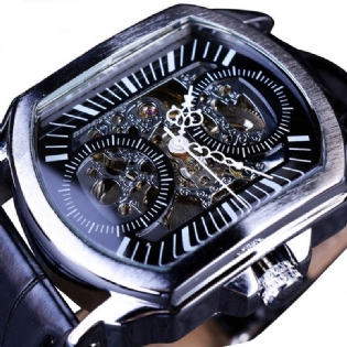 Mode Mænd Watch Hul Gravering Design Læderrem Mekanisk Ur