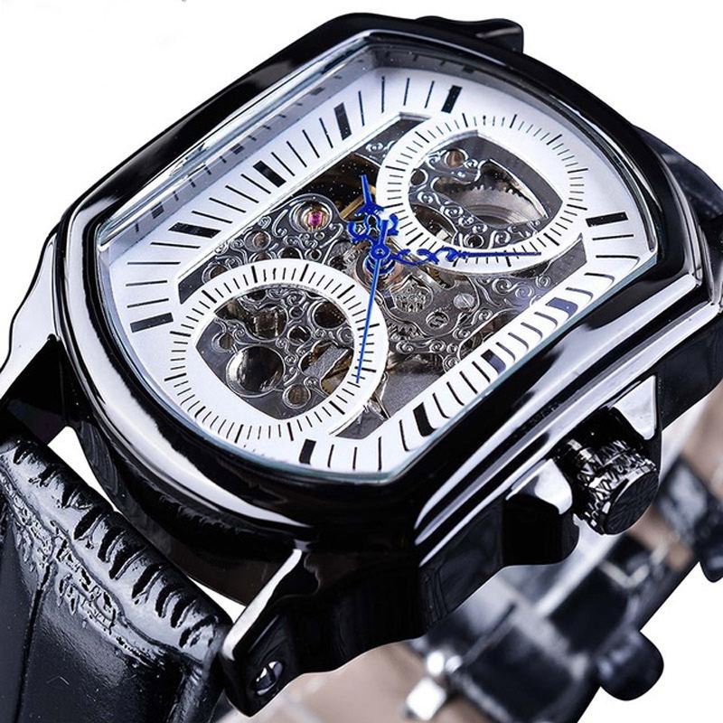 Mode Mænd Watch Hul Gravering Design Læderrem Mekanisk Ur