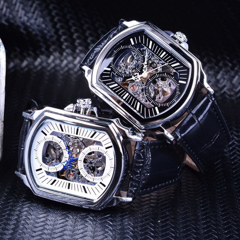 Mode Mænd Watch Hul Gravering Design Læderrem Mekanisk Ur