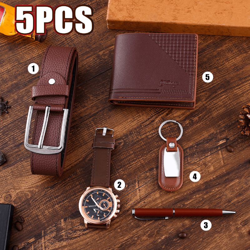 5 Stk Modegavesæt Business Large Dial Quartz Watch + Pen + Bælte + Nøglering + Tegnebog