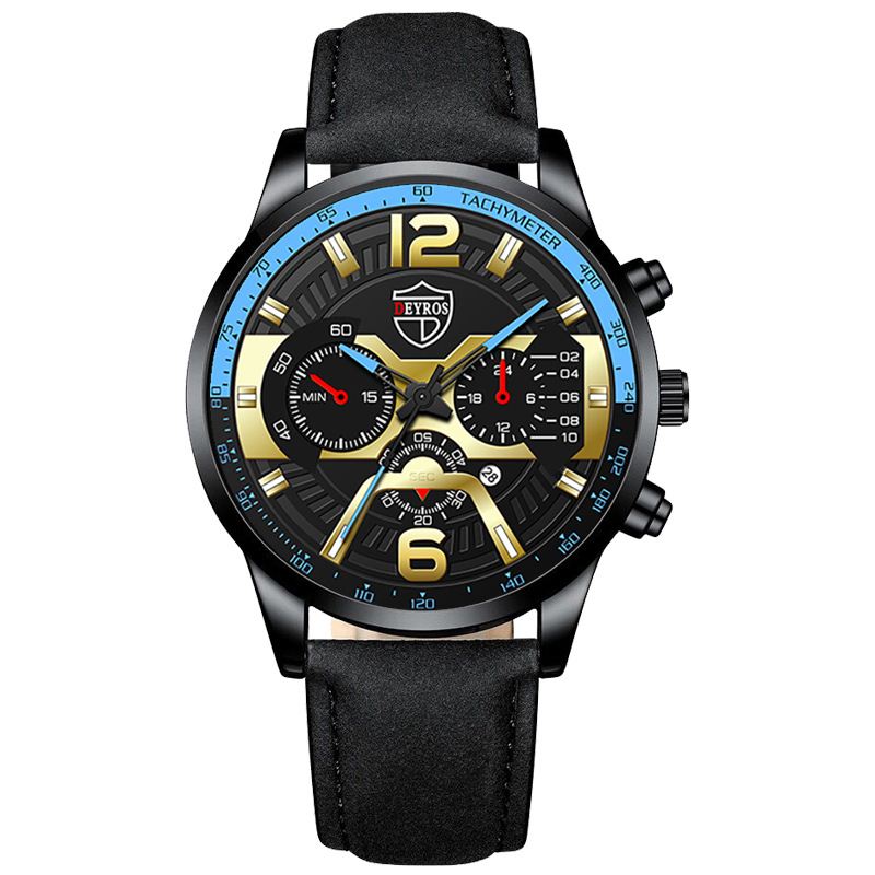 Business Casual Med Kalenderskive Pu Læderrem Herre Quartz Watch Armbåndsur