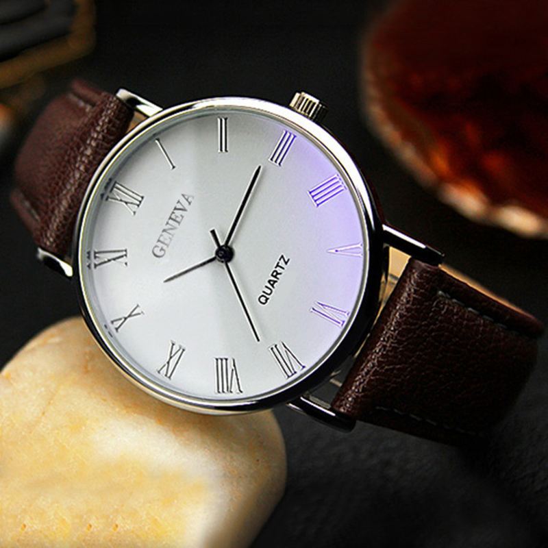 Business Casual Simpel Romertalskive Pu Læderrem Herre Quartz Watch Armbåndsur