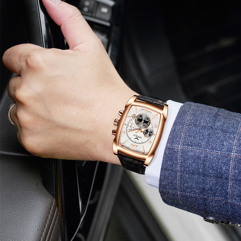 Business Mænd Watch Dato Display Multi-function Vandtæt Læderrem Quartz Watch