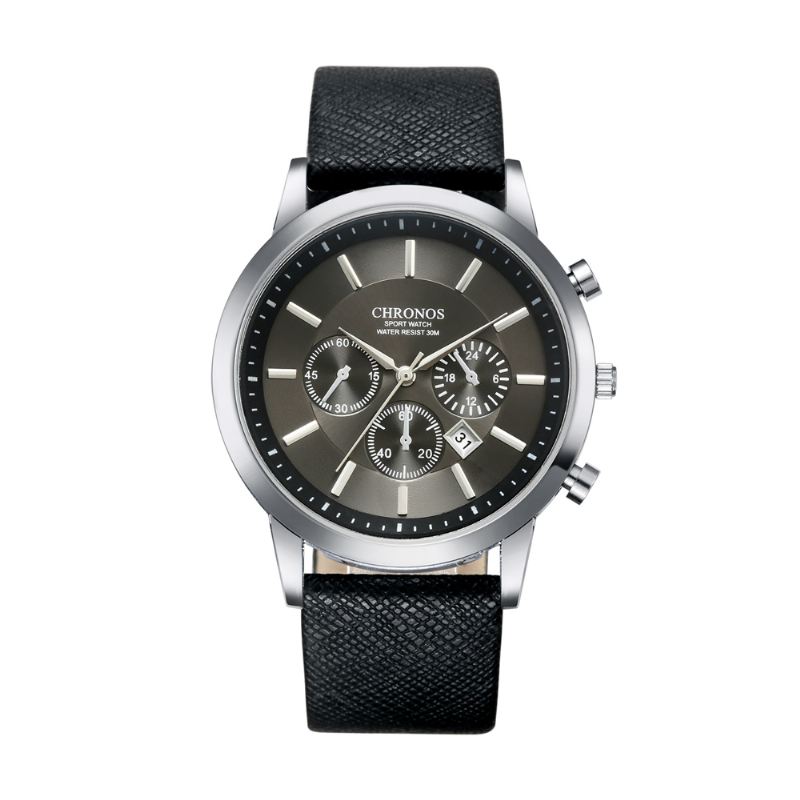 Casual Style Calendar Mænd Armbåndsur False Small Dials Læderrem Quartz Watch