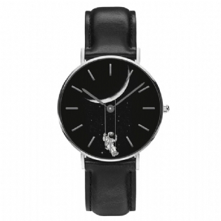 Casual Style Mænd Watch Tegneserie Astronaut Med Tryk Pu Læderrem Ur Quartz Ure