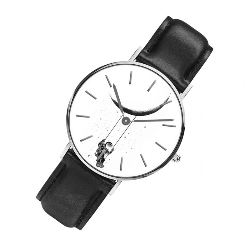 Casual Style Mænd Watch Tegneserie Astronaut Med Tryk Pu Læderrem Ur Quartz Ure
