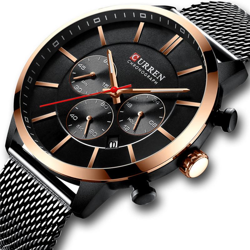 Chronograph Calendar Mænd Armbåndsur Mesh Steel Band Quartz Watch