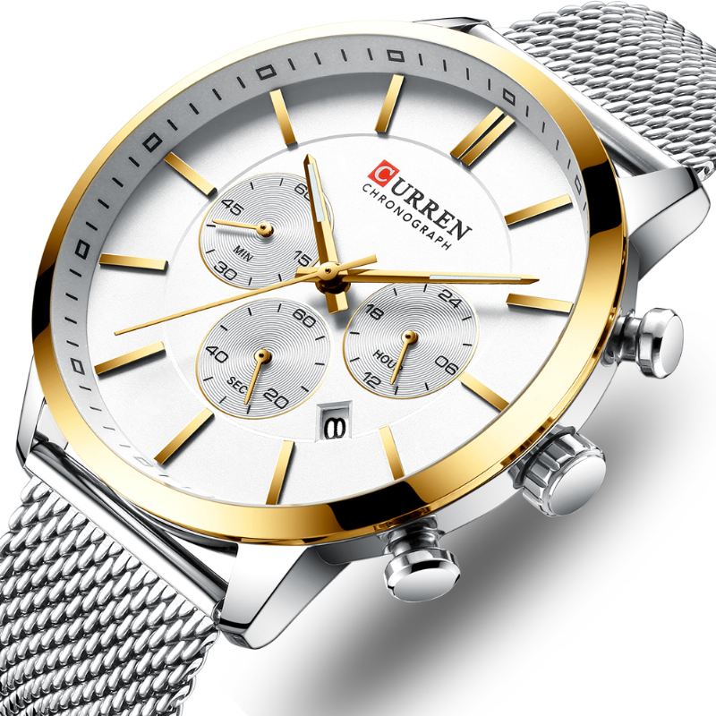 Chronograph Calendar Mænd Armbåndsur Mesh Steel Band Quartz Watch