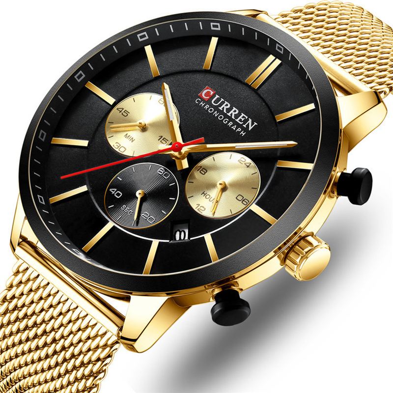 Chronograph Calendar Mænd Armbåndsur Mesh Steel Band Quartz Watch