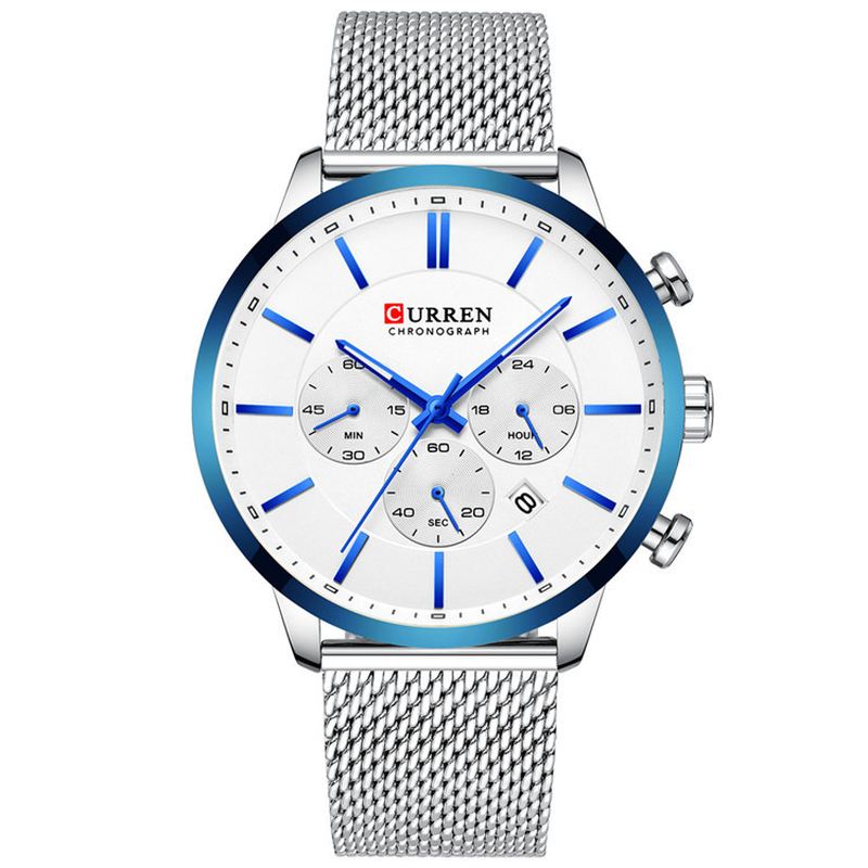 Chronograph Calendar Mænd Armbåndsur Mesh Steel Band Quartz Watch