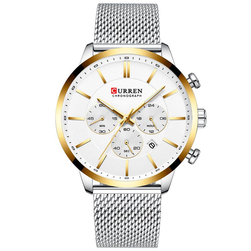 Chronograph Calendar Mænd Armbåndsur Mesh Steel Band Quartz Watch