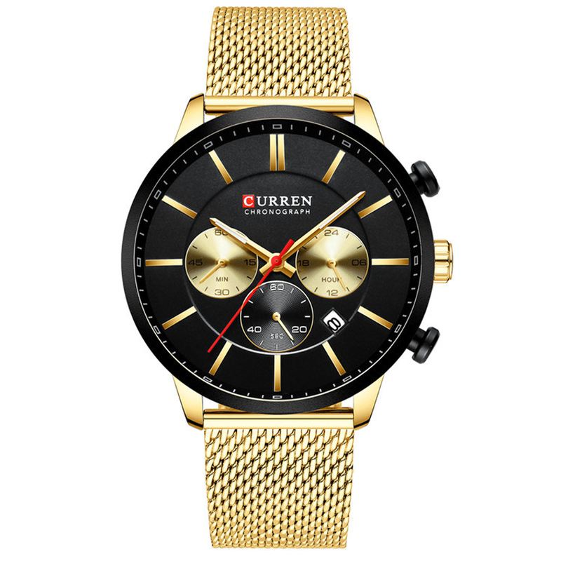 Chronograph Calendar Mænd Armbåndsur Mesh Steel Band Quartz Watch